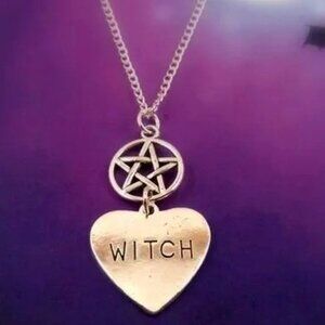 Silver Witch Heart and Pentacle Fashion Necklace Wicca Pagan